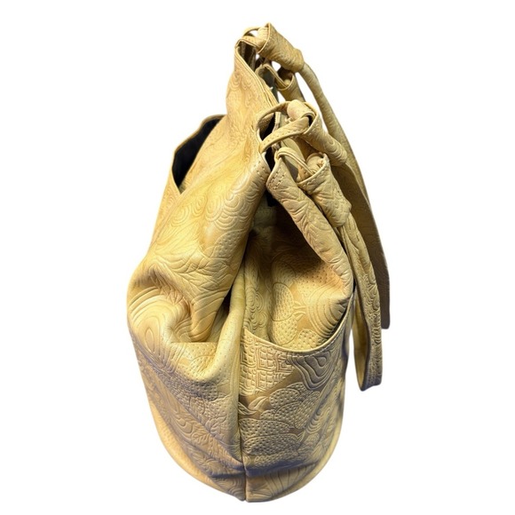 Vintage Baganda Genuine Leather Yellow Gold Embossed Floral Tote Shoulder Bag - Picture 3 of 15